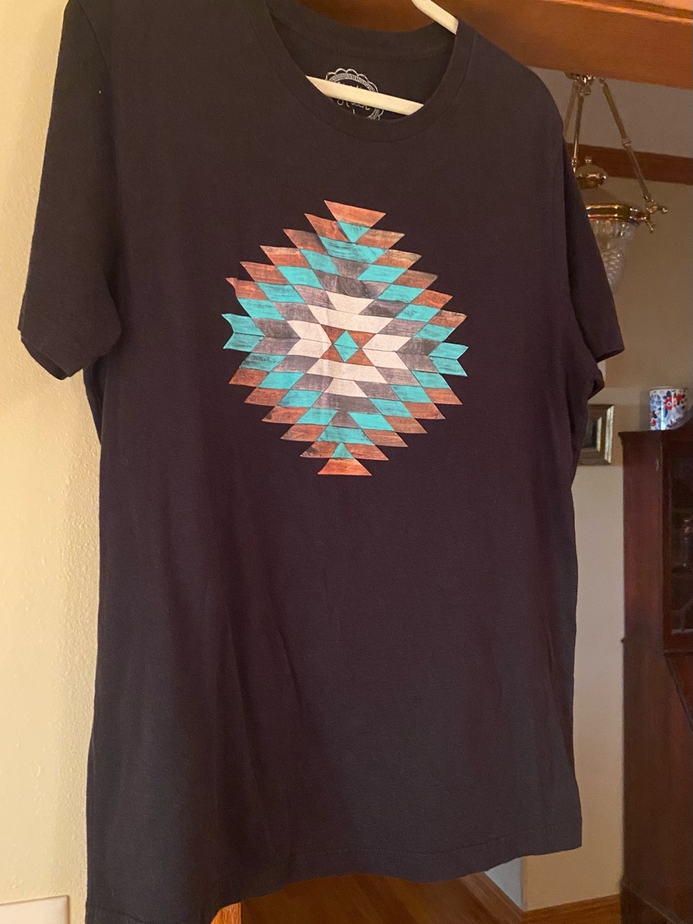 Women’s Sterling Kreek Black Graphic Tee with Turquoise & Rust Aztec Print L